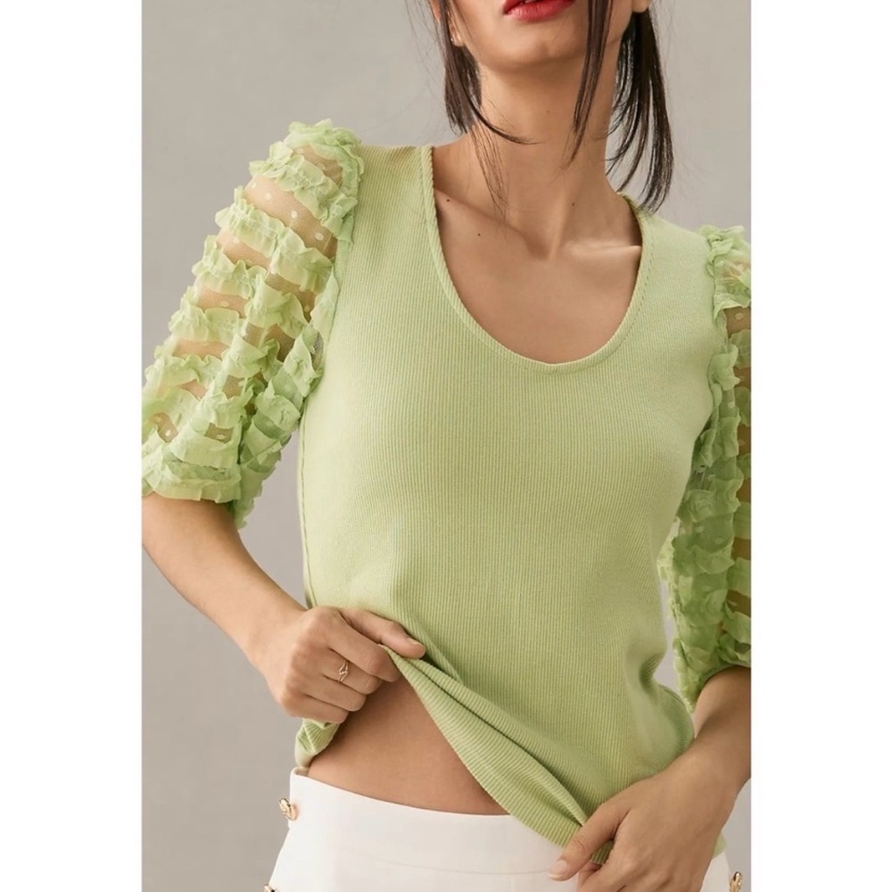 Anthropologie Ruffle Puff Sleeve Light Green Tshirt